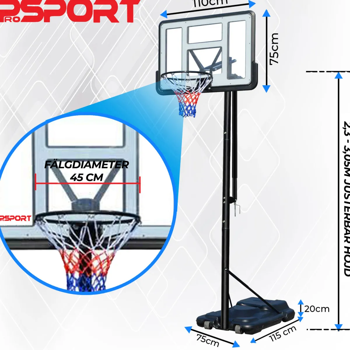 Premium Justerbar Basketkorg 2,3-3,05m*ProSport Best