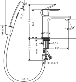 Rebris E 1-grepps 110 med Handdusch och Duschslang 160 cm utan Bottenventil*Hansgrohe Hot