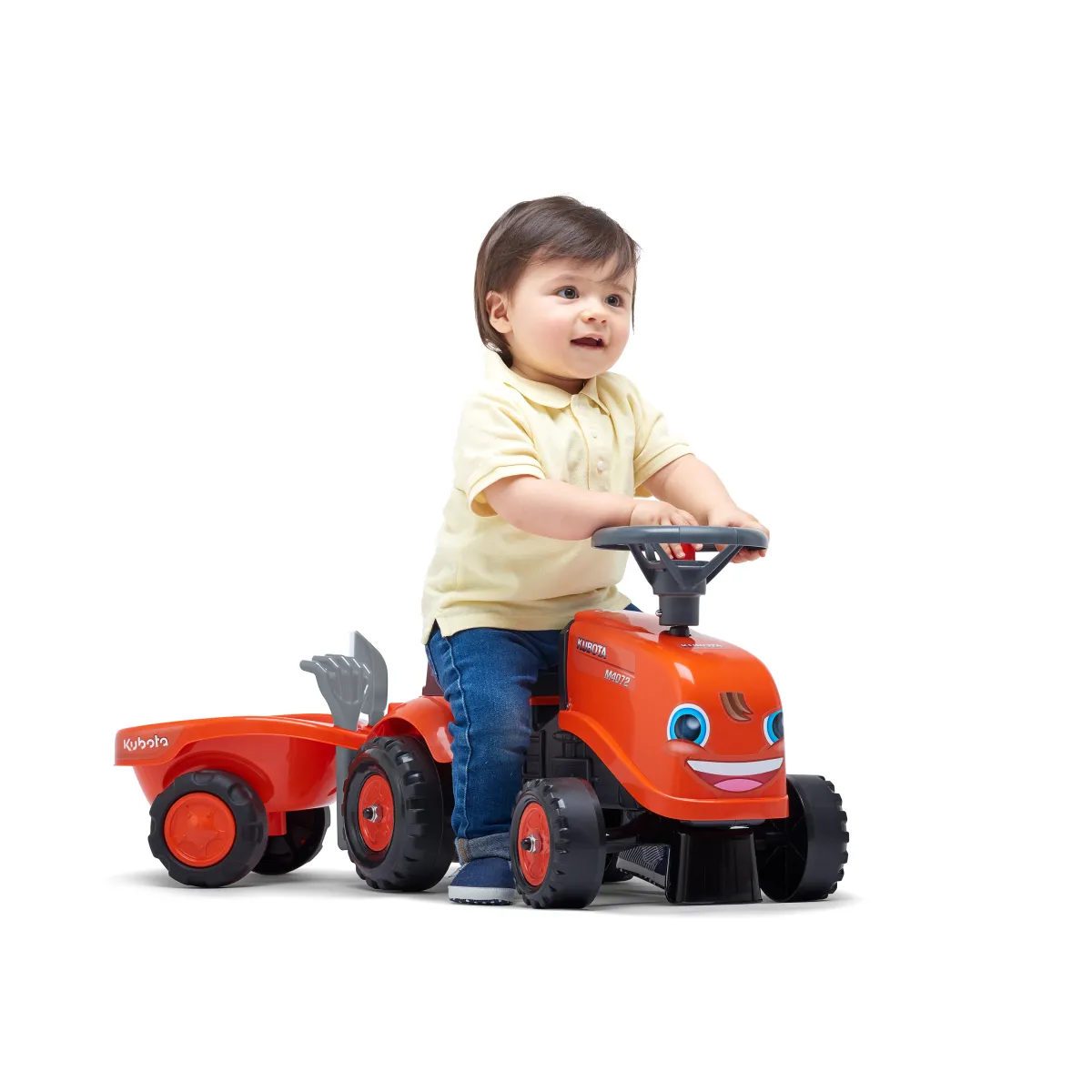 Traktor med trailer, kratta och skyffel Baby Kubota*Falk Best