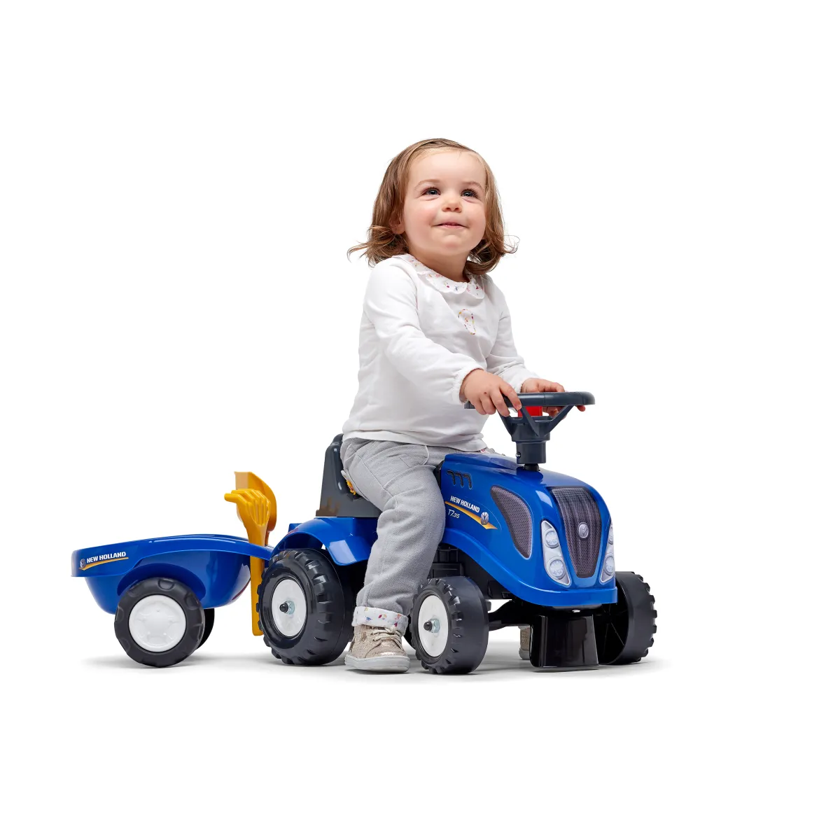 Traktor med trailer, kratta och skyffel Baby New Holland*Falk Online